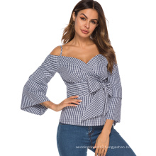 Women Plaid Peplum Tops Chic Blouse Shirts Backless Gingham Cold Shoulder Sexy Spaghetti Strap Bowtie Waist Belt Summer Clothing